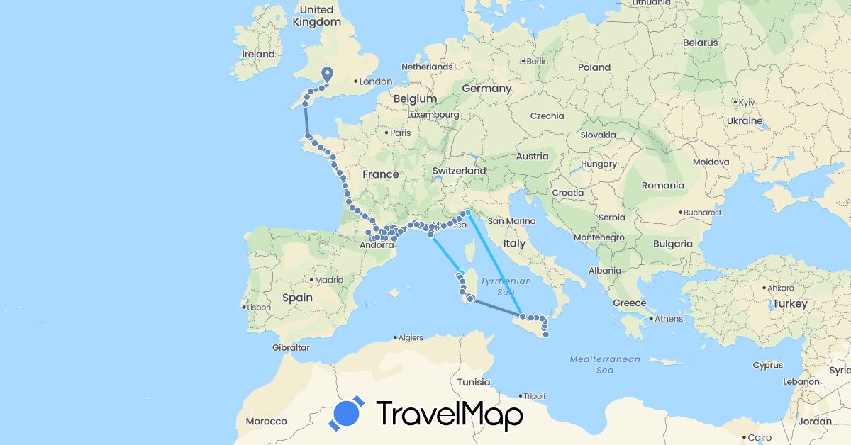 TravelMap itinerary: driving, cycling, boat in France, United Kingdom, Italy (Europe)