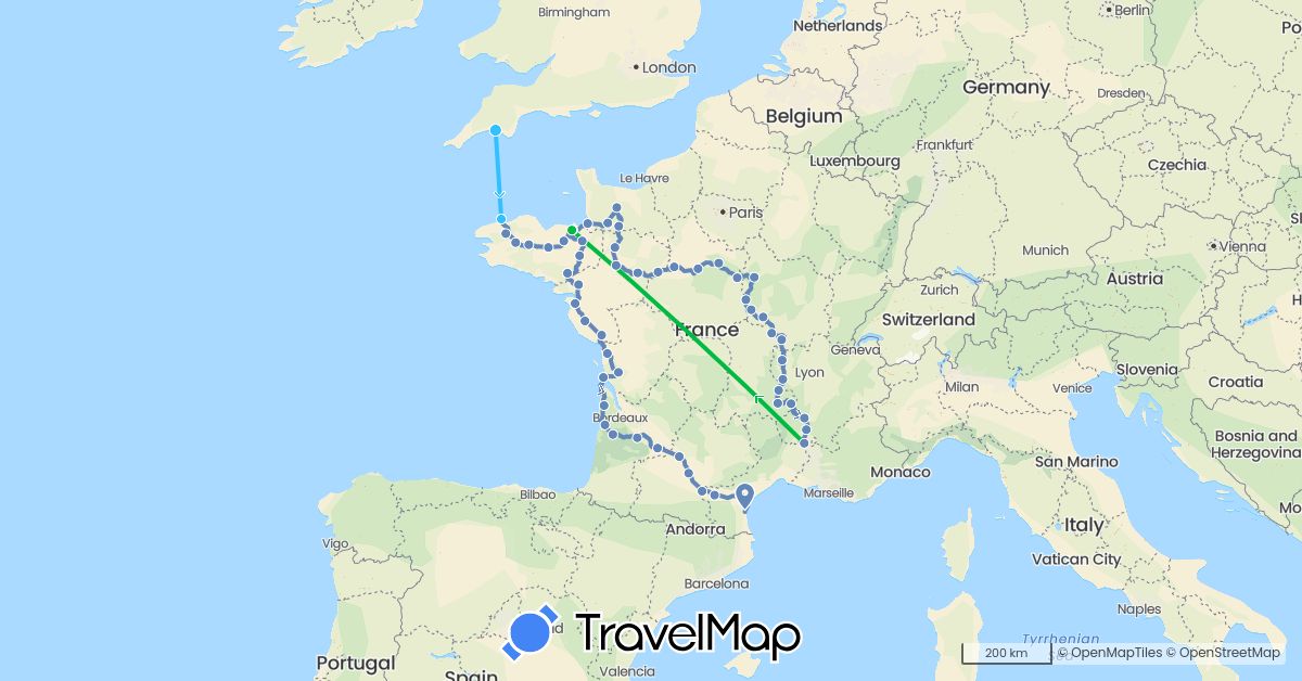 TravelMap itinerary: bus, cycling, boat in France, United Kingdom (Europe)